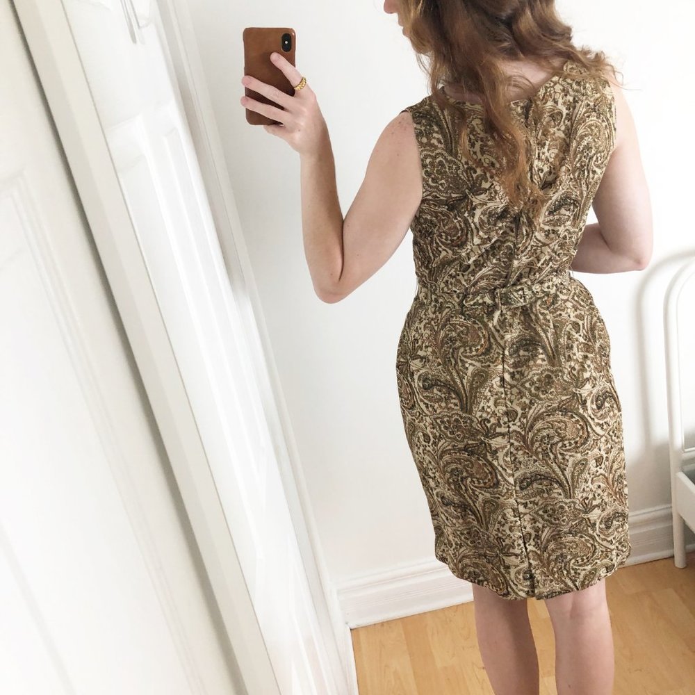 Stunning Vintage Vogue MCM Glittery Gold Print Belted Midi Dress Formal Cocktail - Picture 7 of 8